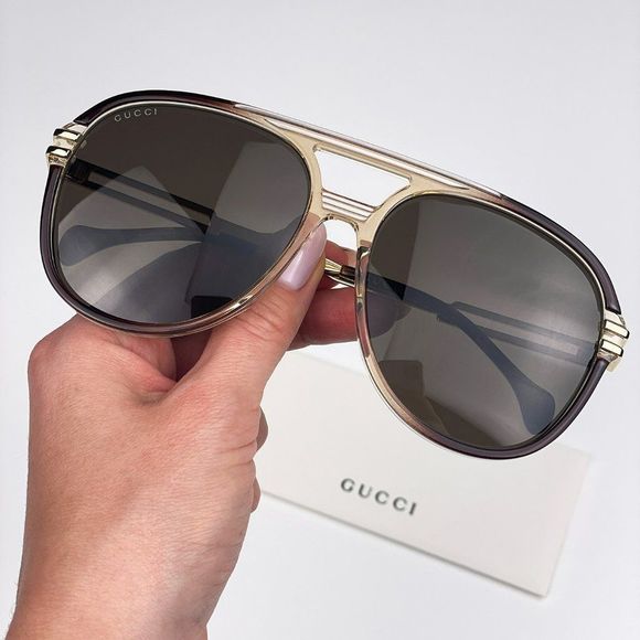 🔥Gucci GG1104S 003 Sunglasses Transparent Brown Gold Brown Pilot Unisex - Picture 1 of 12